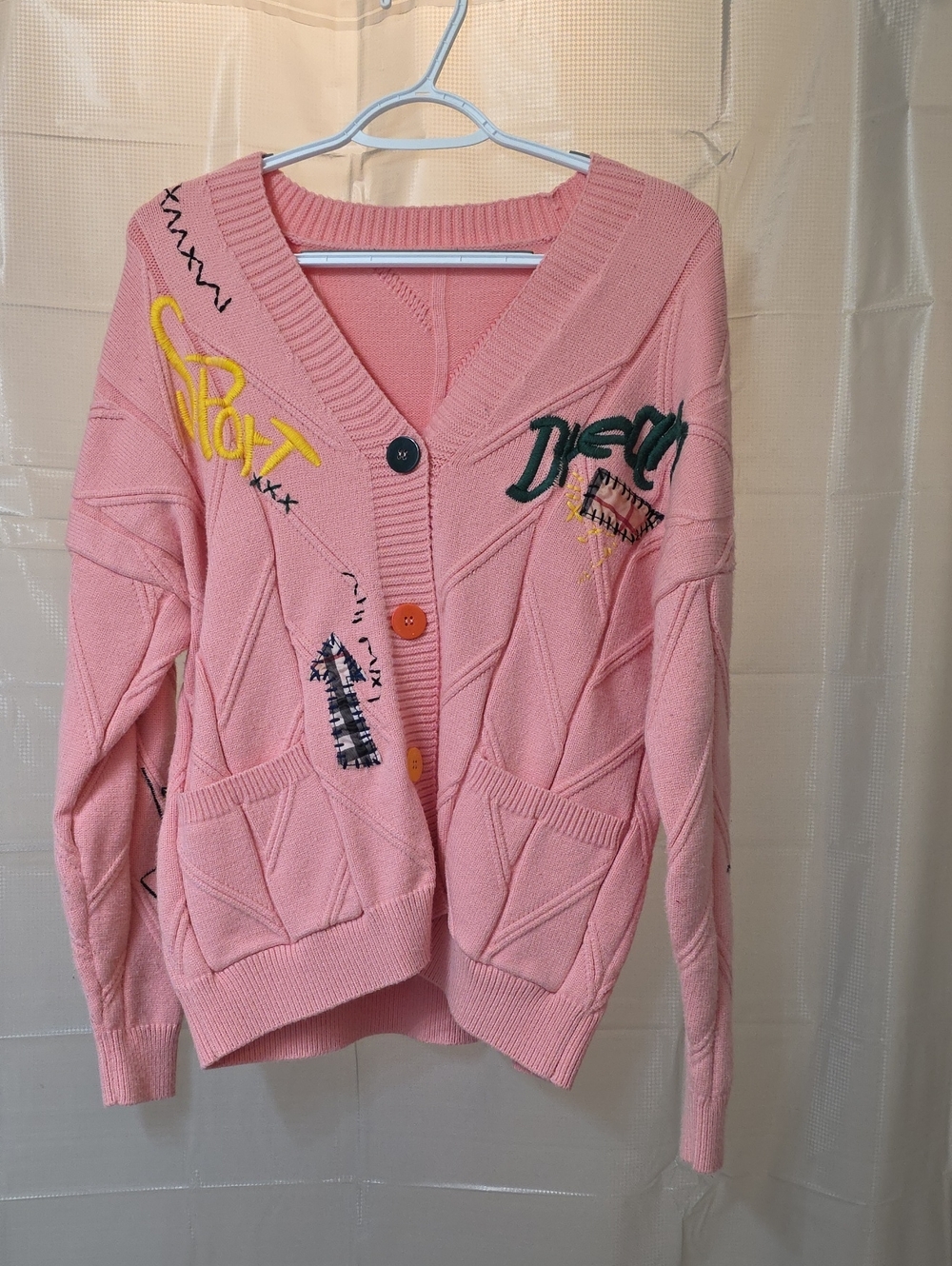 Pink Embroidered Button-Up V-Neck Cardigan Sweater
